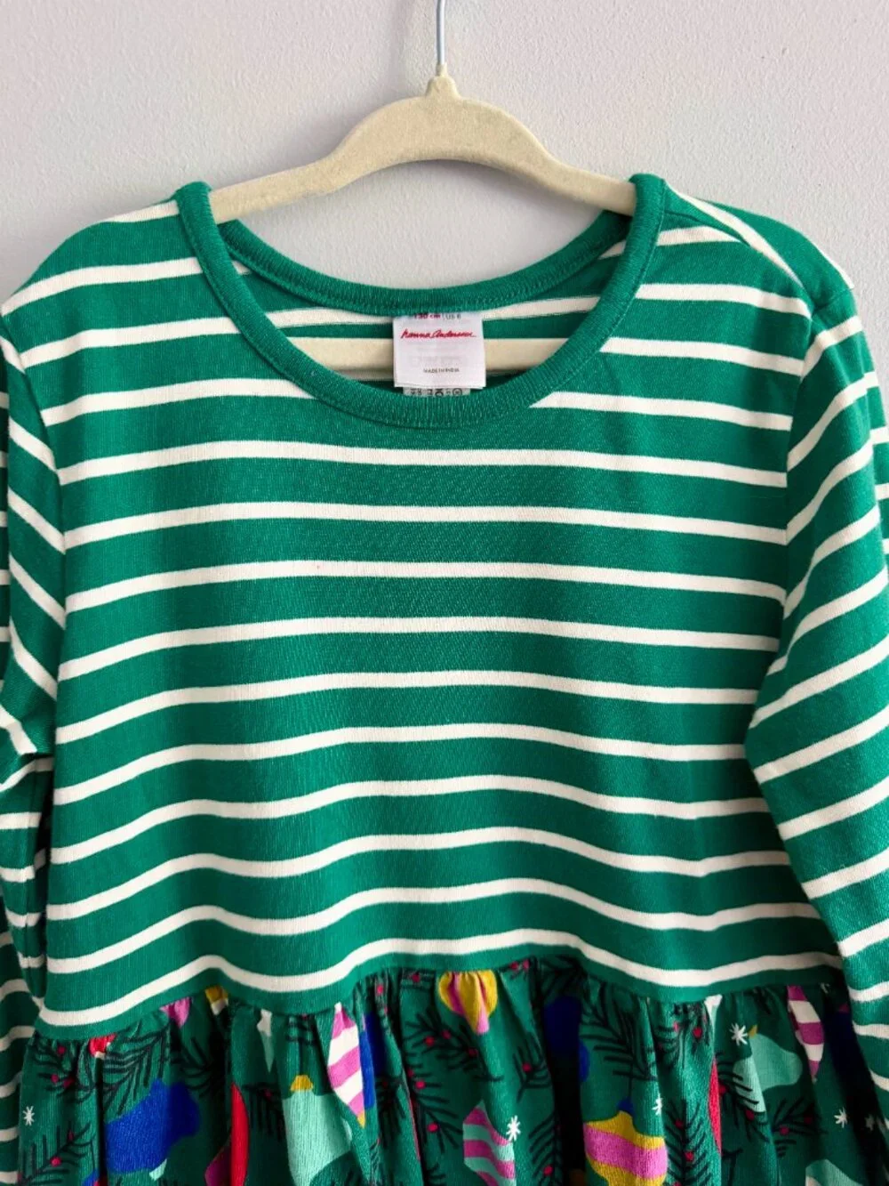 Hanna Andersson Holiday Ornament Pocket Dress Green Striped Size 8
